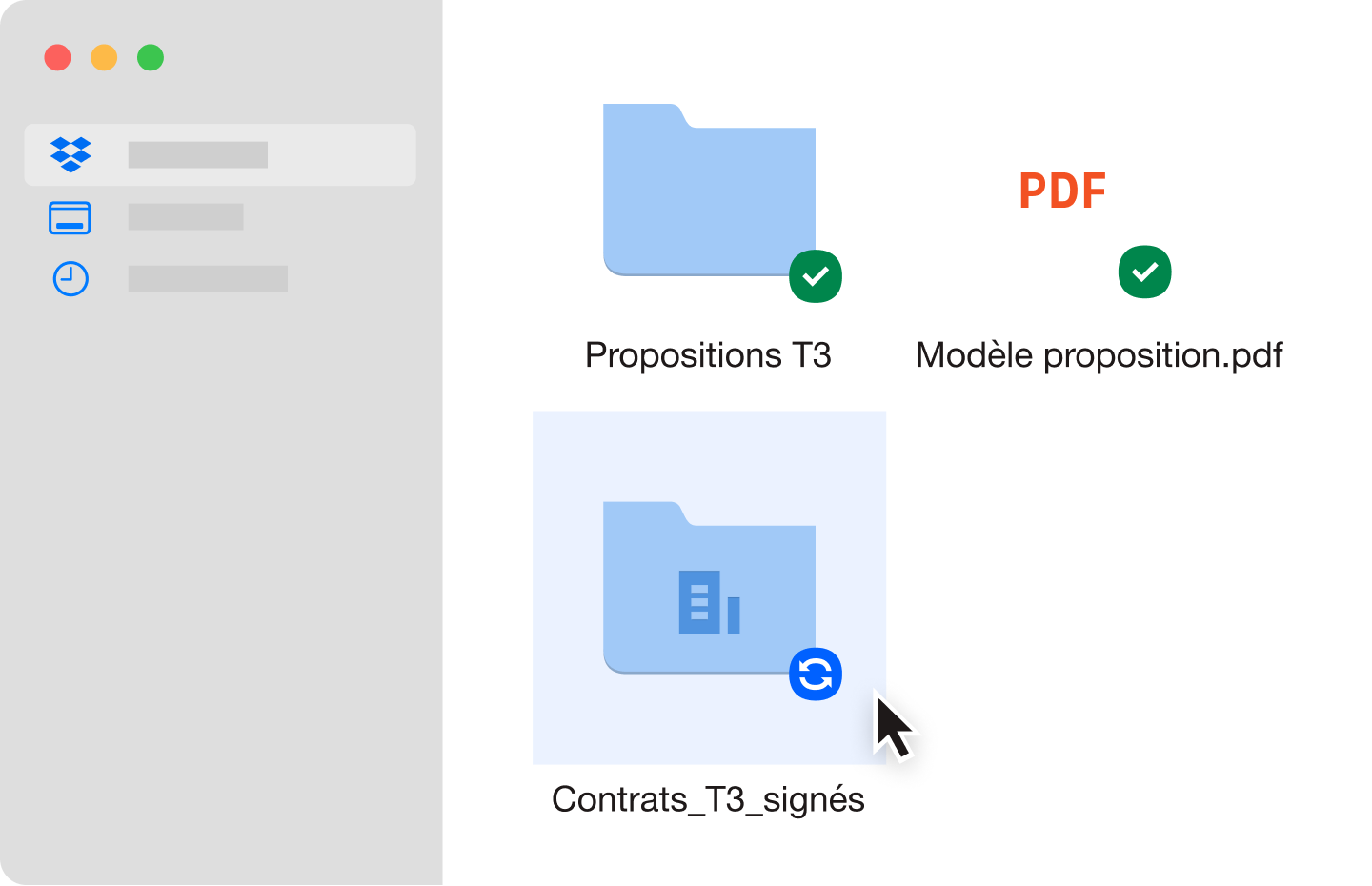Deux dossiers de fichiers bleus et un fichier PDF synchronisés dans un compte Dropbox