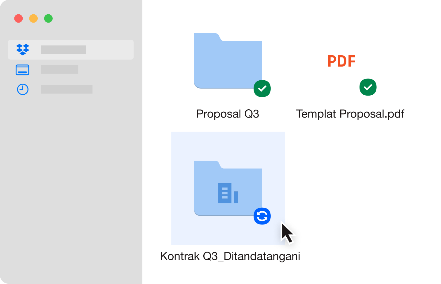 Dua folder file biru dan file PDF yang telah disinkronkan di akun Dropbox