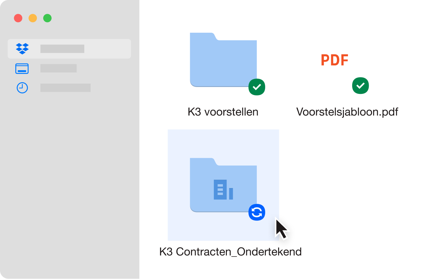 Twee blauwe bestandsmappen en een PDF-bestand die gesynchroniseerd zijn in een Dropbox-account