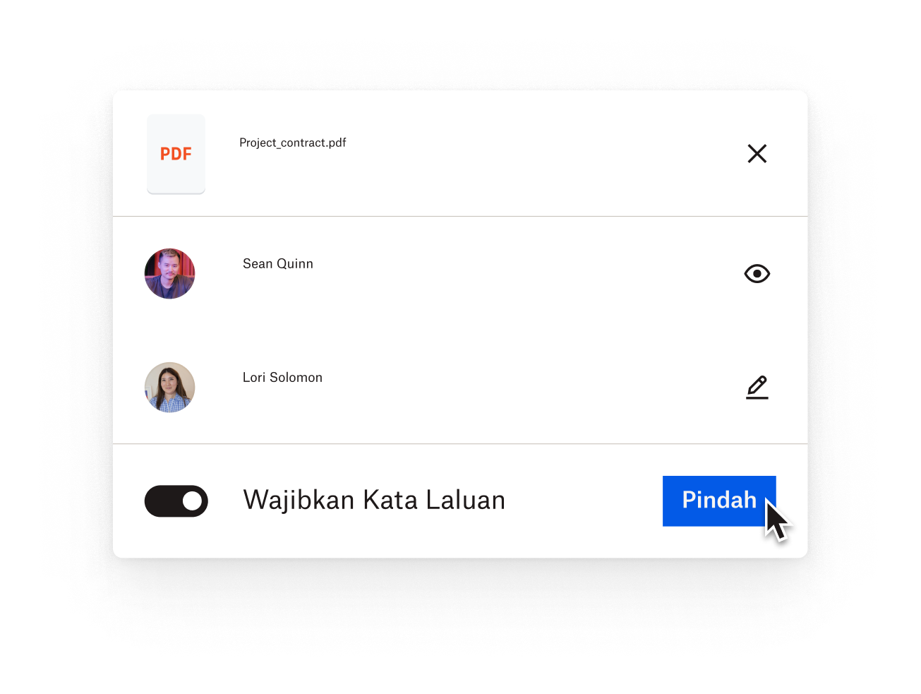 Menu pilihan dalam fail yang menunjukkan senarai orang yang mempunyai akses kepada fail tersebut, serta tahap keizinan mereka