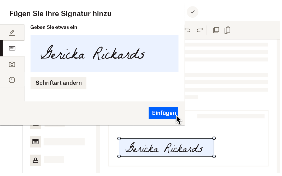 Eine elektronische Signatur, die in einen digitalen Vertrag eingefügt wird