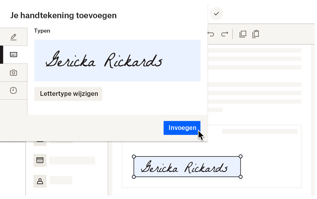 Een e-handtekening die in een digitaal contract wordt ingevoegd