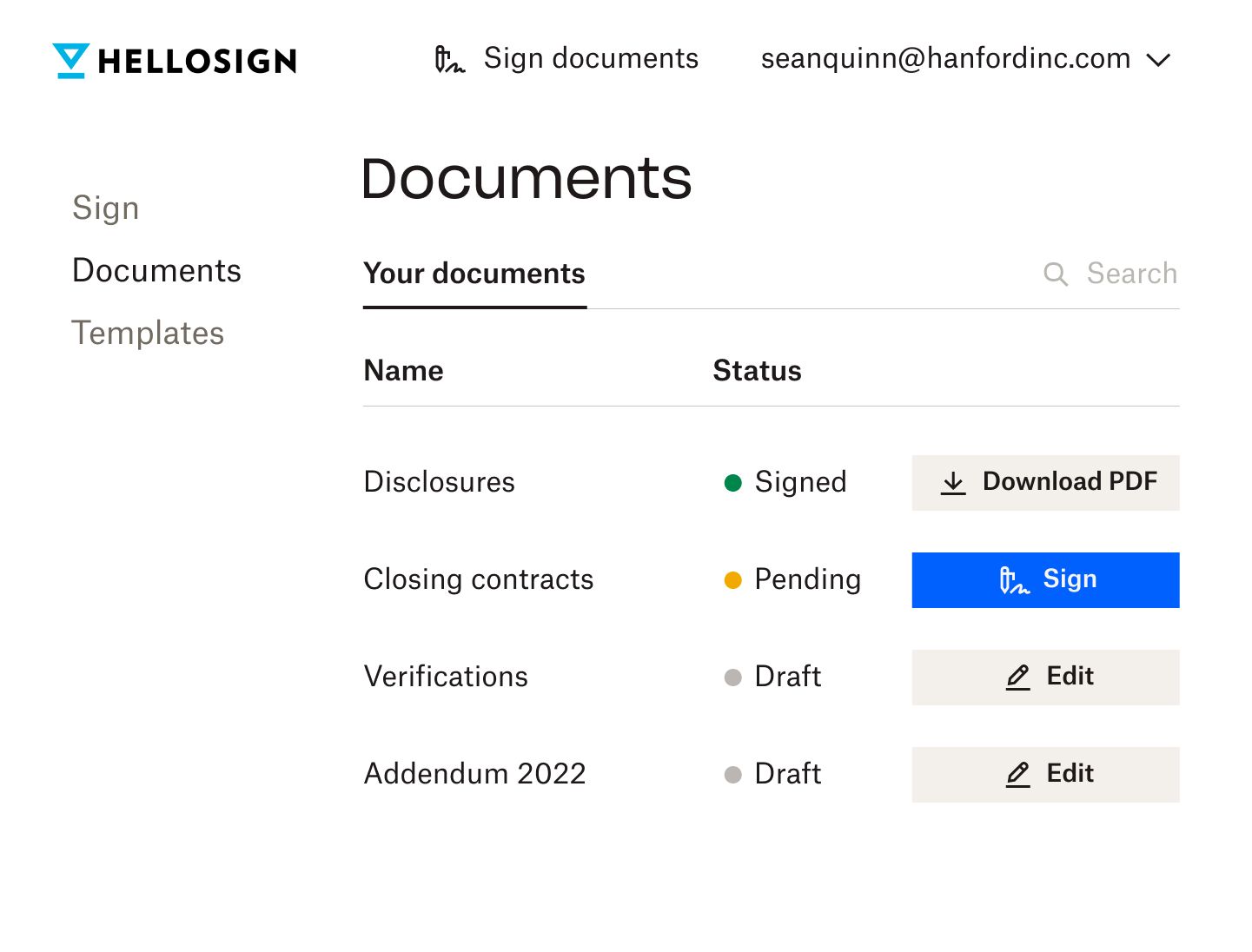 A list of files saved in HelloSign that have different completion statuses