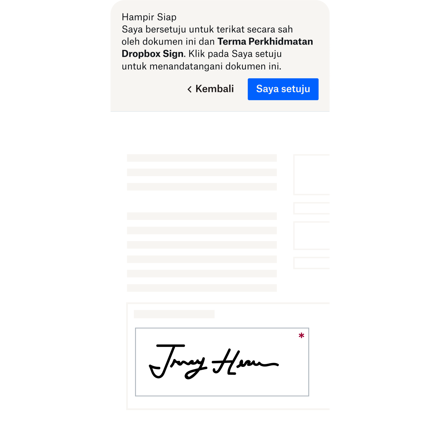  Pemberitahuan persetujuan yang memberitahu pengguna daripada dokumen e-Tandatangan yang sah di sisi undang-undang