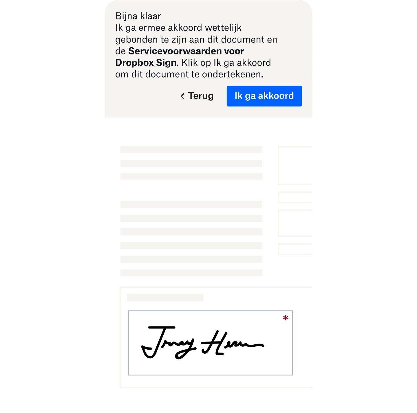  Een kennisgeving van toestemming die de gebruiker vertelt dat het e-handtekeningdocument juridisch bindend is