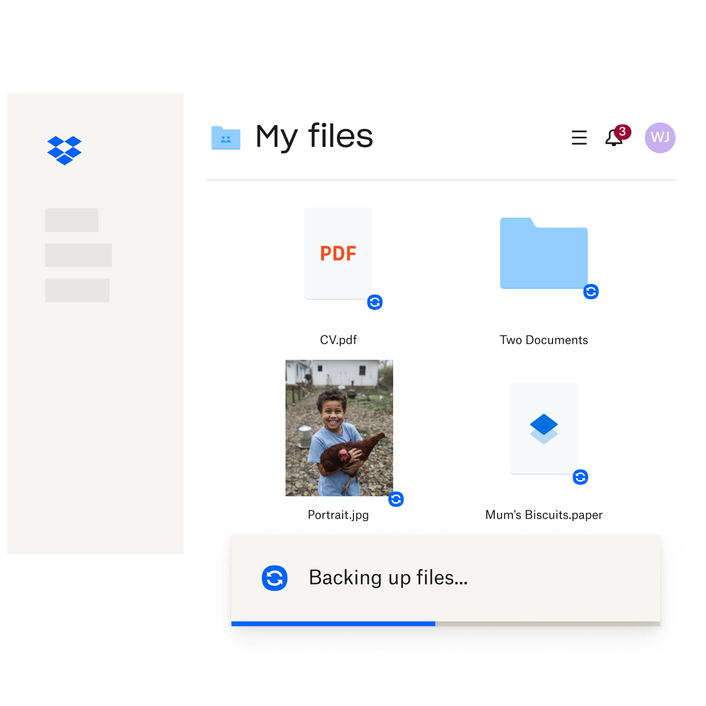 A dialogue box showing the progress of different types of files in Dropbox being backed up