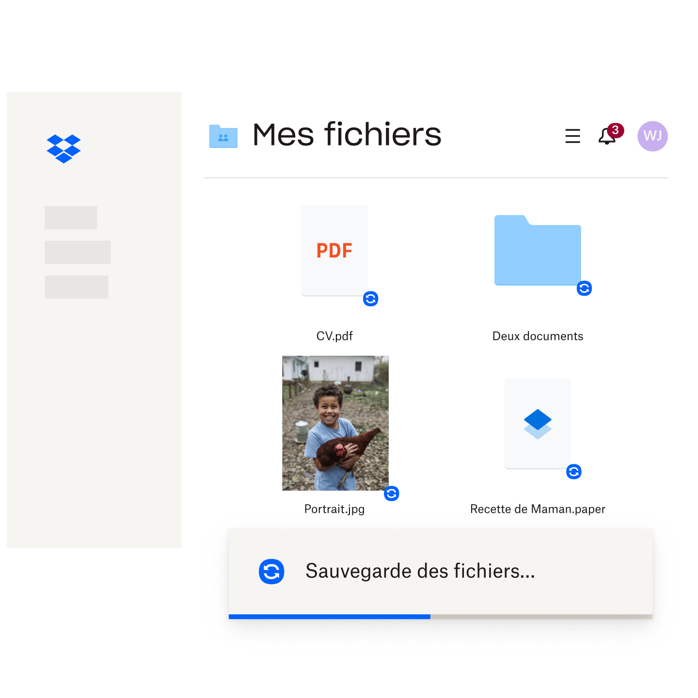 Une boîte de dialogue montrant différents types de fichiers en train d'être sauvegardés dans Dropbox