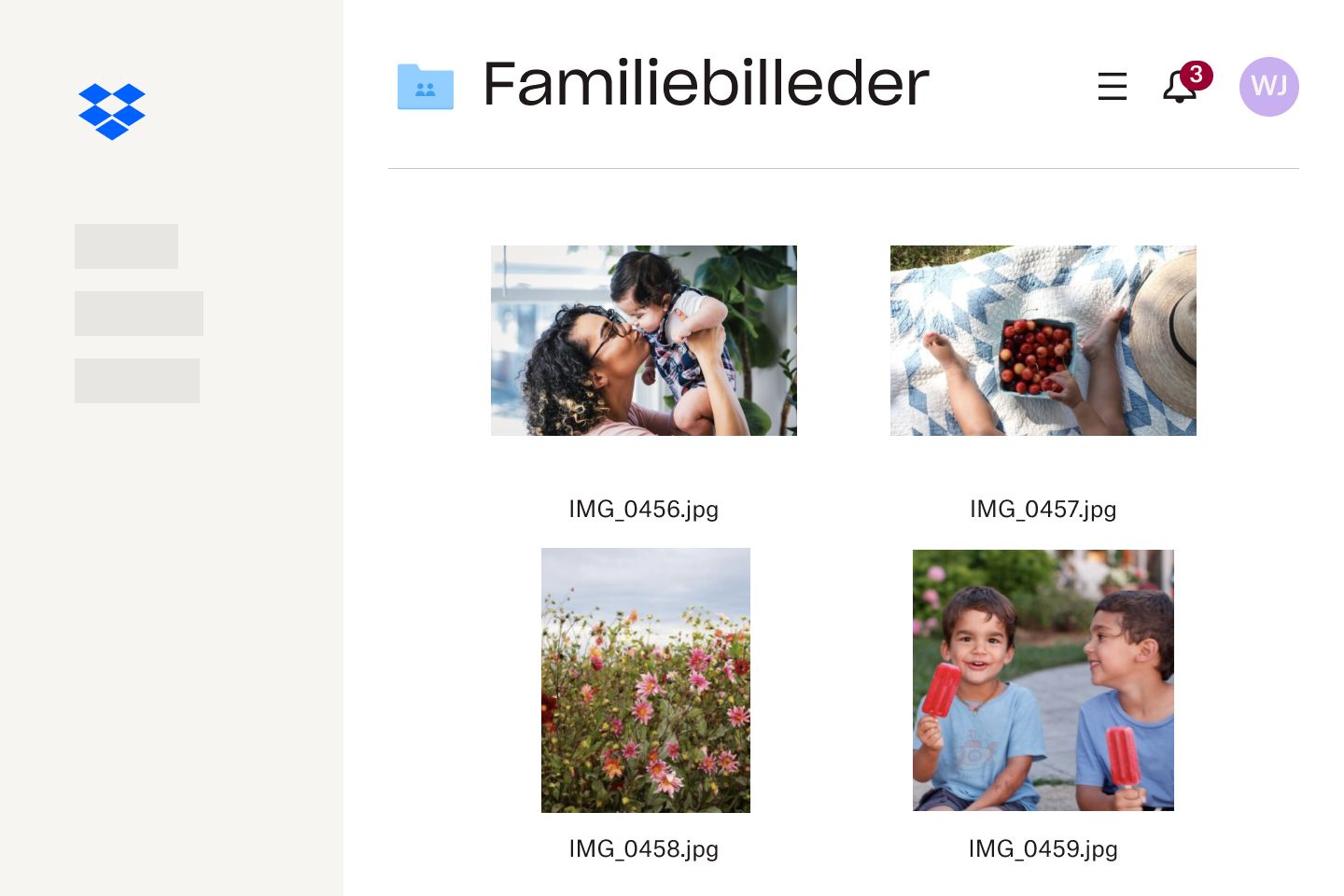 En samling af billeder, der er gemt i en Dropbox-mappe med titlen “Familiebilleder”