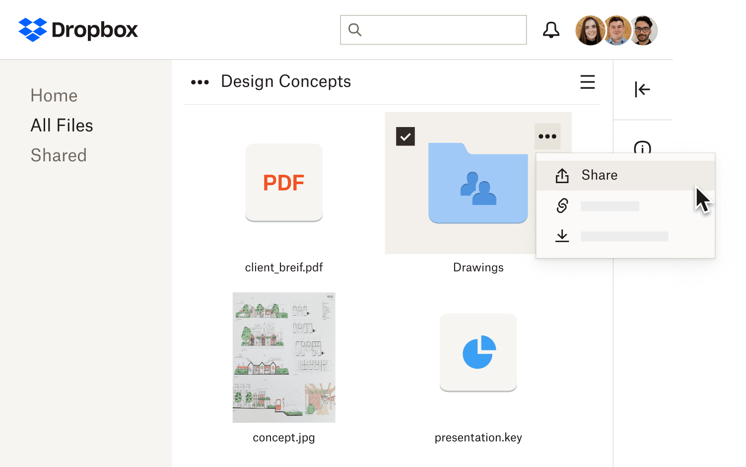 Someone shares a link to a Drawings folder in the Dropbox interface