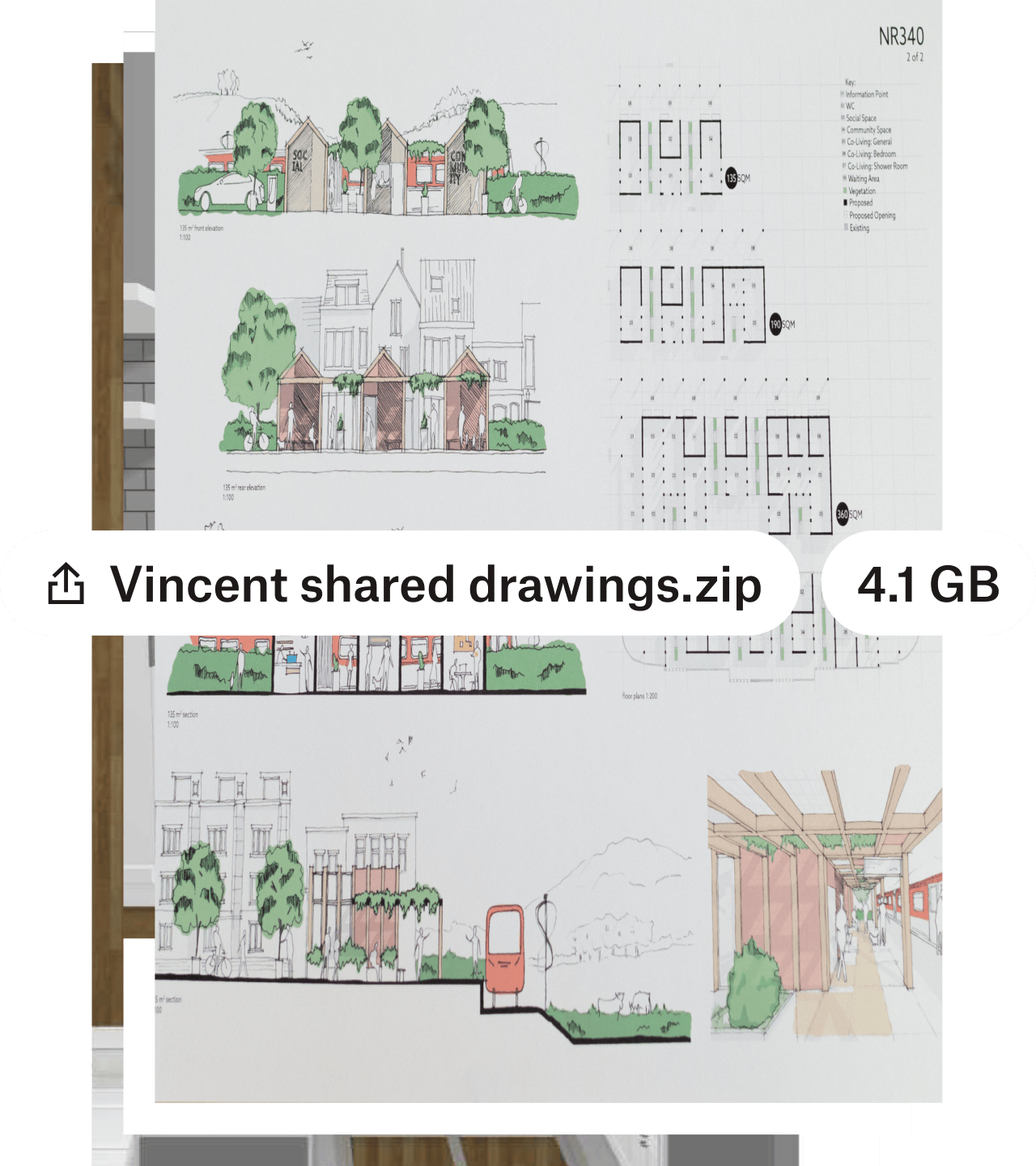 A user sharing a large zip file of drawings with Dropbox