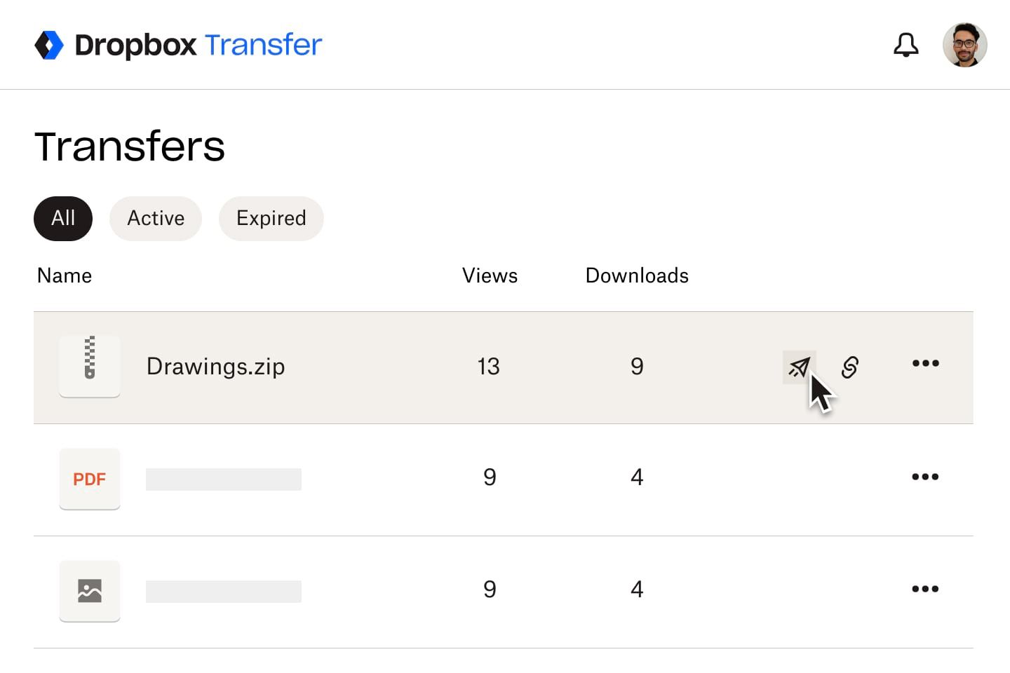 A mouse cursor hovering over a share link in the Dropbox Transfer interface