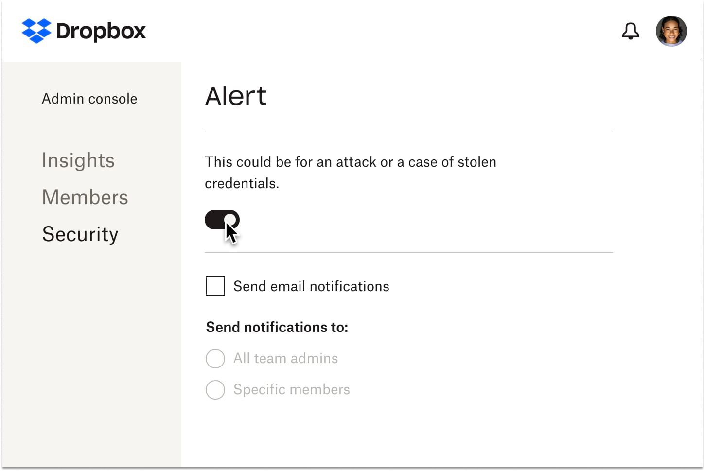 A user toggling on an alert that will notify users if their credentials have been compromised