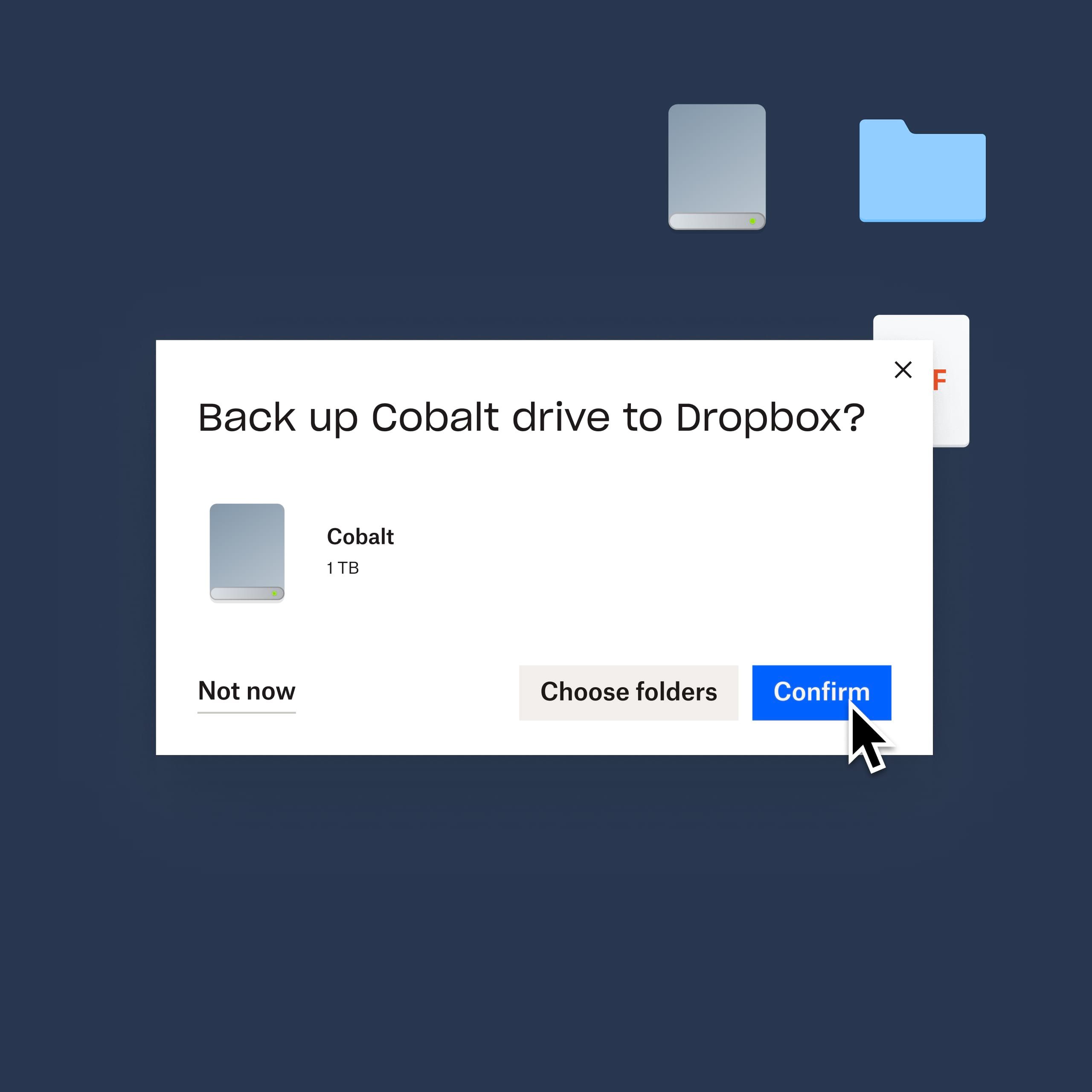 A user clicking on a blue “confirm” button that to back up their Cobalt drive to Dropbox