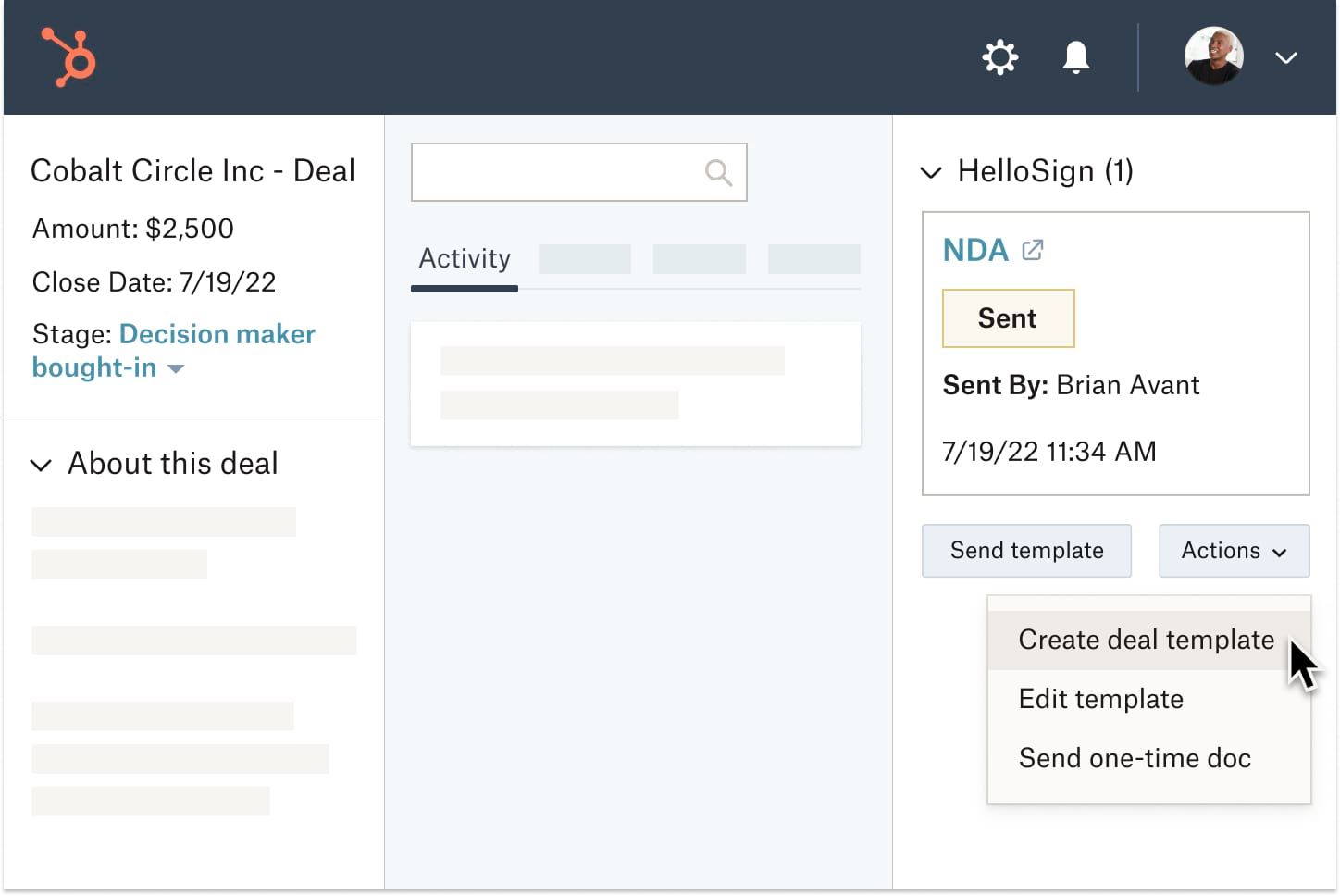 A user selecting “create deal template” from a HelloSign template dropdown menu within HubSpot