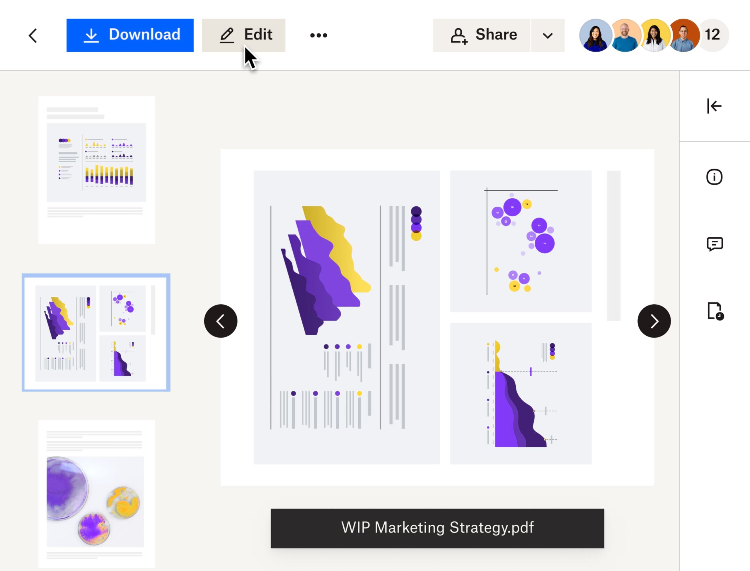 Several pages of purple and yellow charts and graphs that are being edited within Dropbox