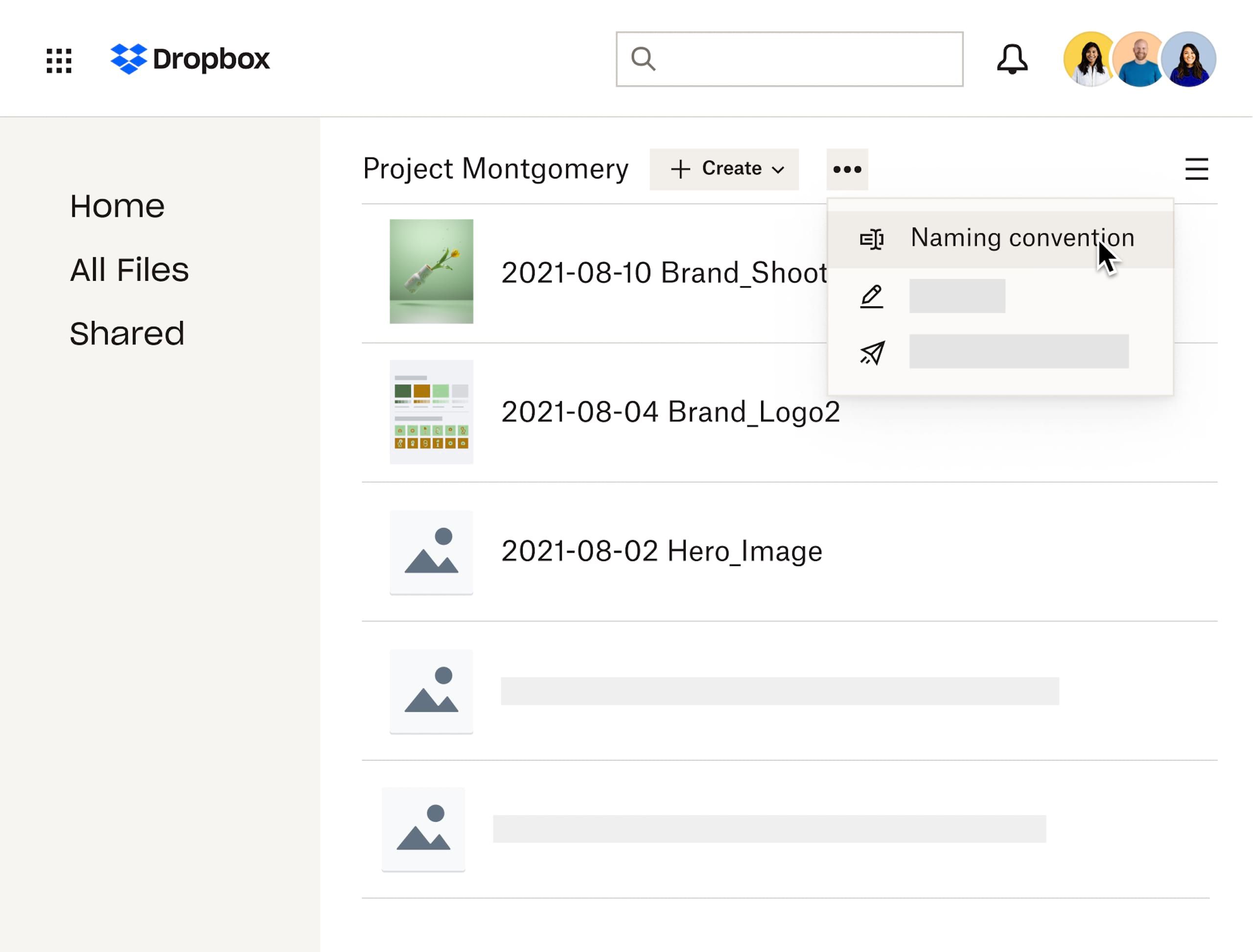 A user selecting the naming convention option in a dropdown within a Dropbox folder