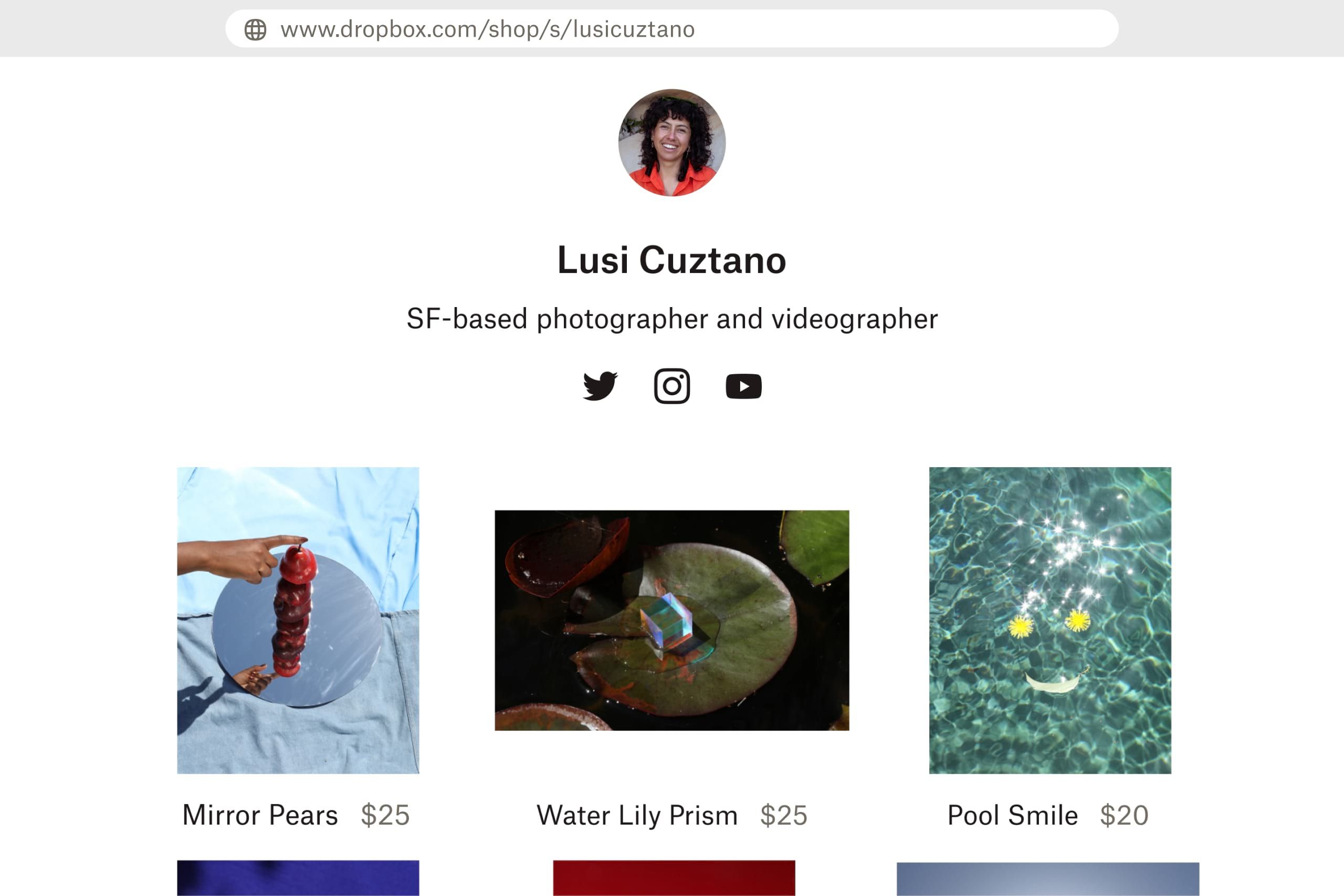 A webpage for a photographer that includes her profile picture as well as a photo of a red pear on a mirror, a photo of a lilly pad, and a photo of flowers in water, all of which are listed for sale