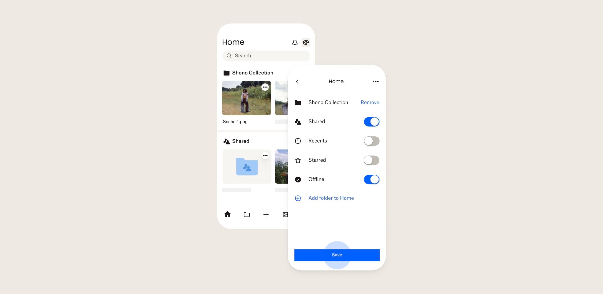 Updated Dropbox iOS interface with shared and offline buttons enabled