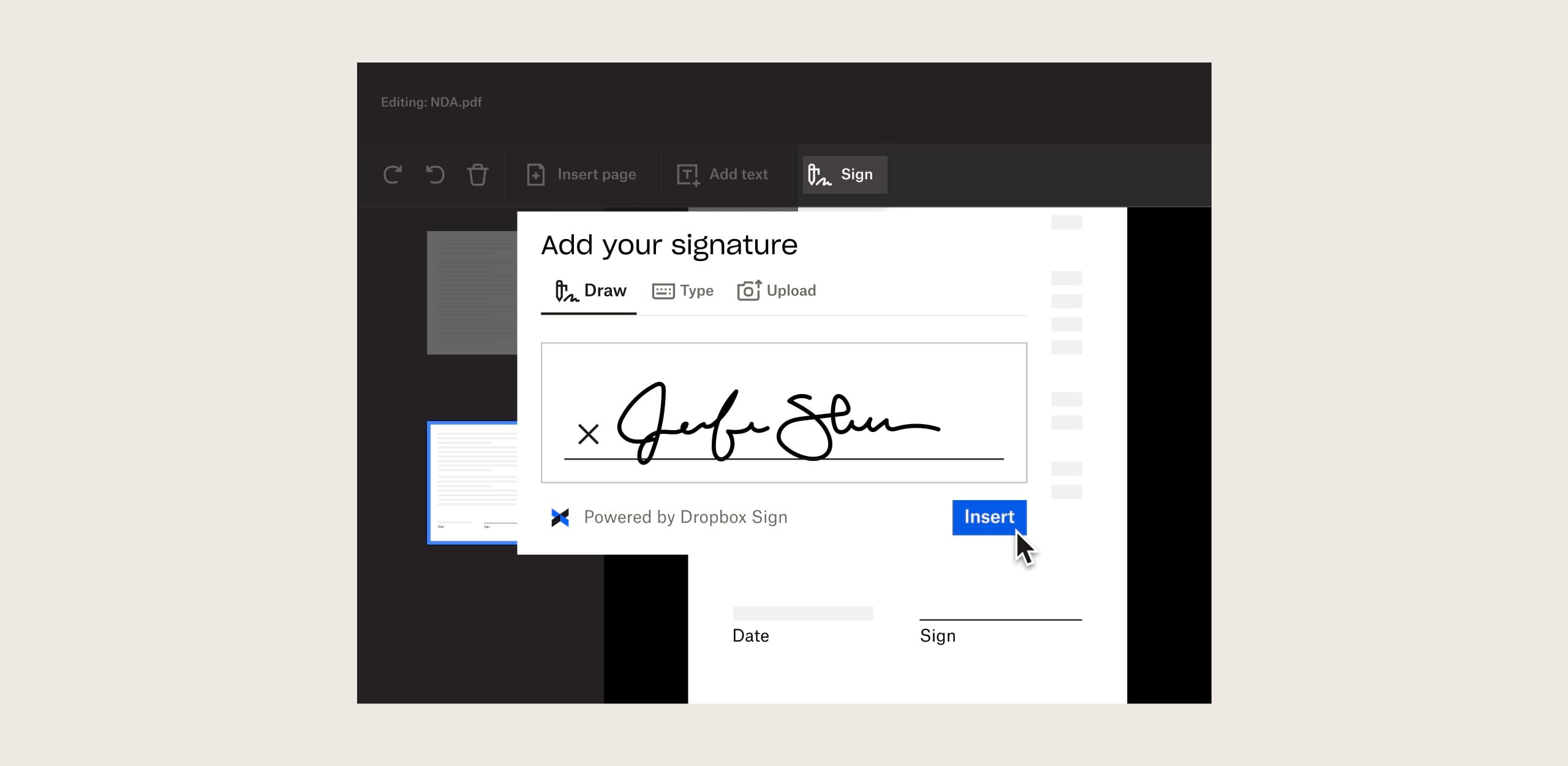 A person inserts their signature into a document with Dropbox Sign