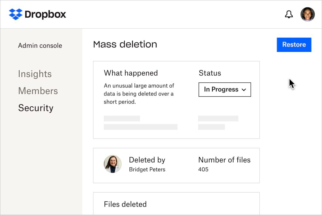 A team admin being alerted to mass deletion of files in Dropbox