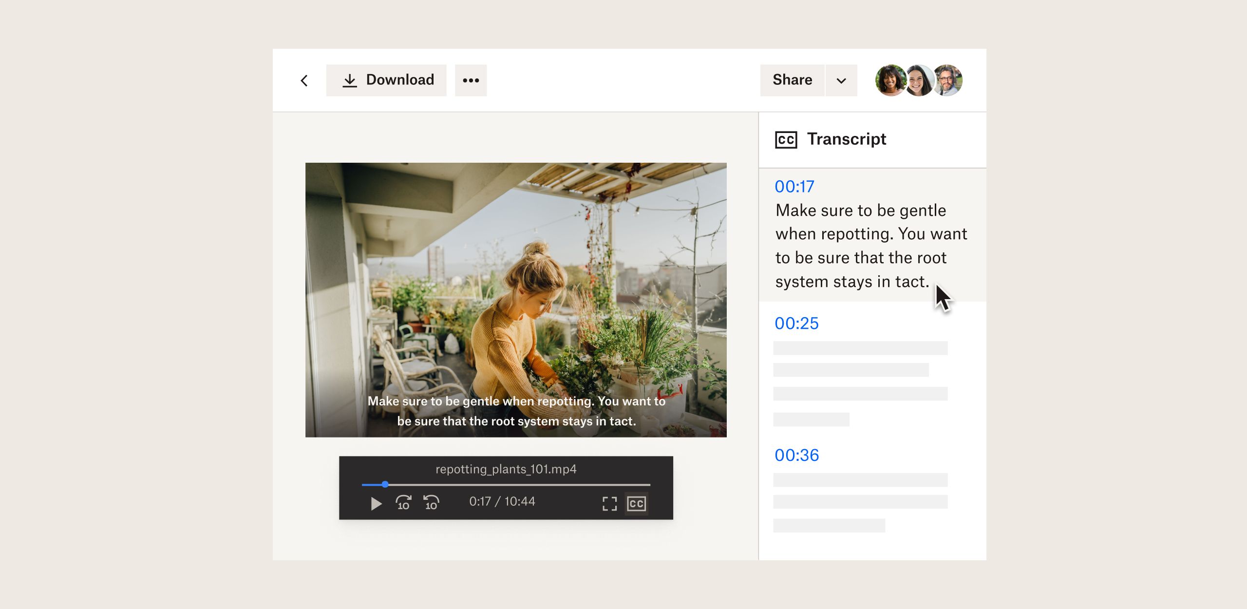 Preview of plant repotting video in Dropbox with transcriptions, captions and playback controls