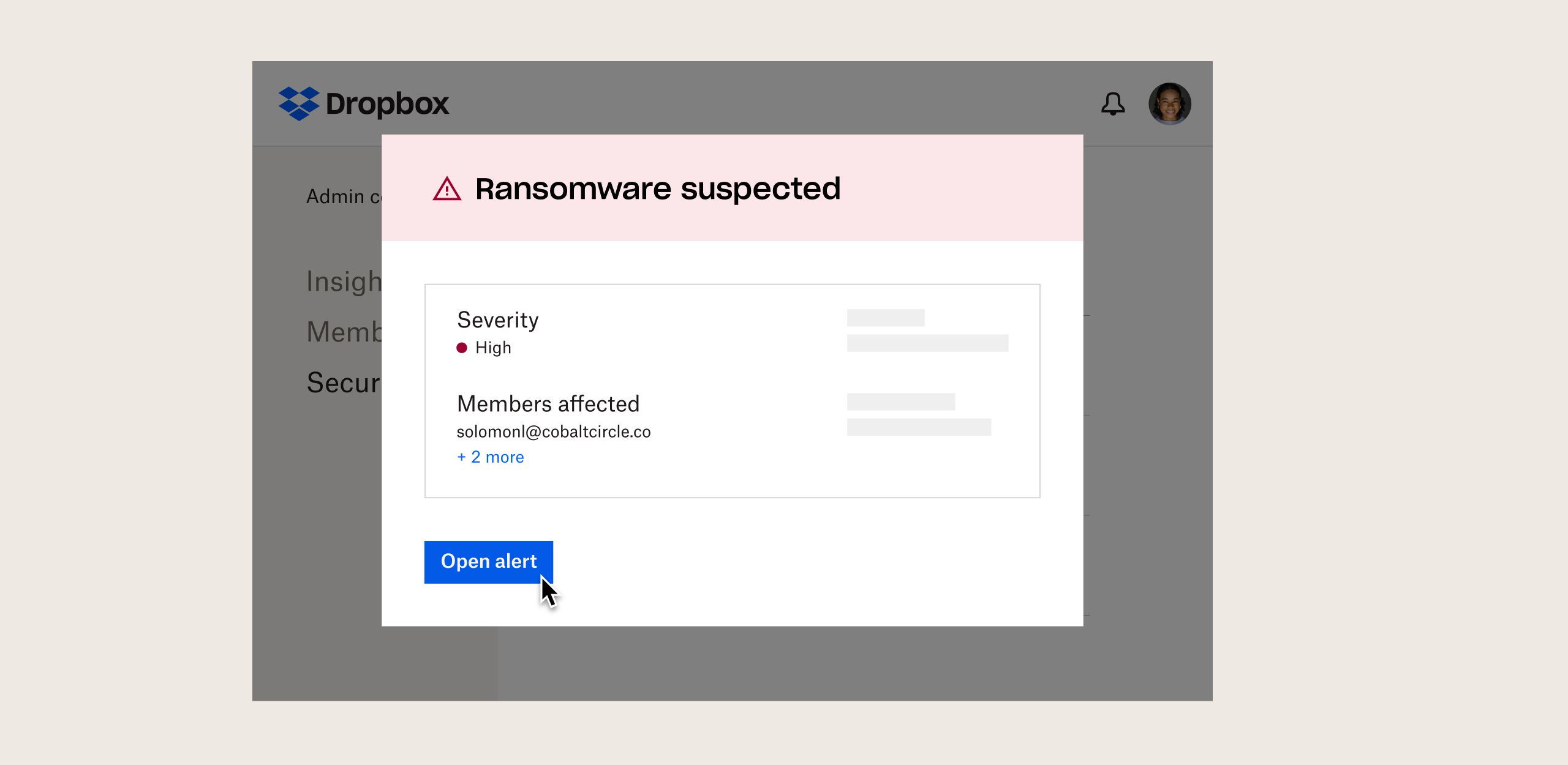 A user views a ransomware suspected security prompt in Dropbox