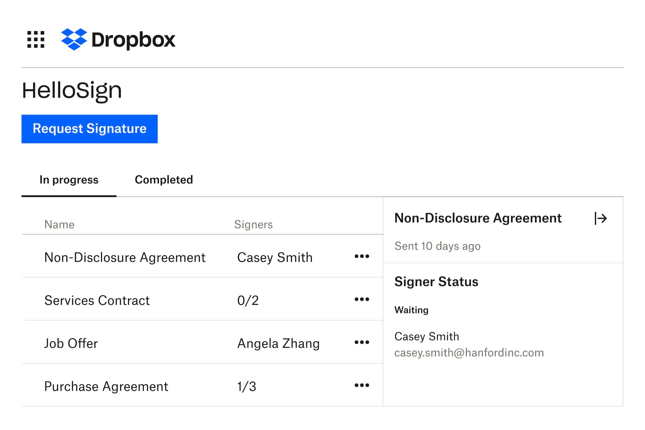 The HelloSign interface within Dropbox, showing a list of files that are in progress for signature, and the date the files were sent to the sigatories