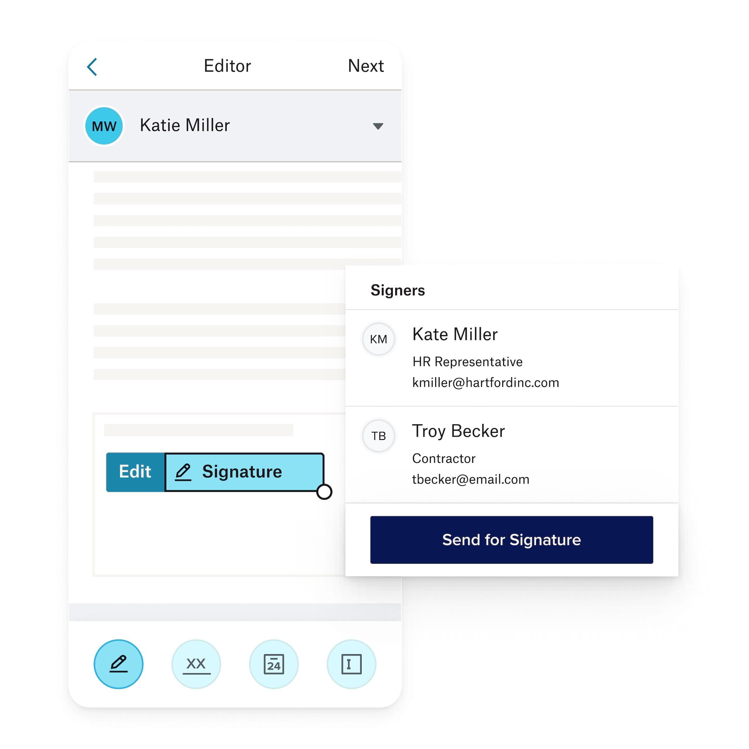 A blue form fill field in a contract where a user is selecting a list of people to send the contract to in order to gather their signatures