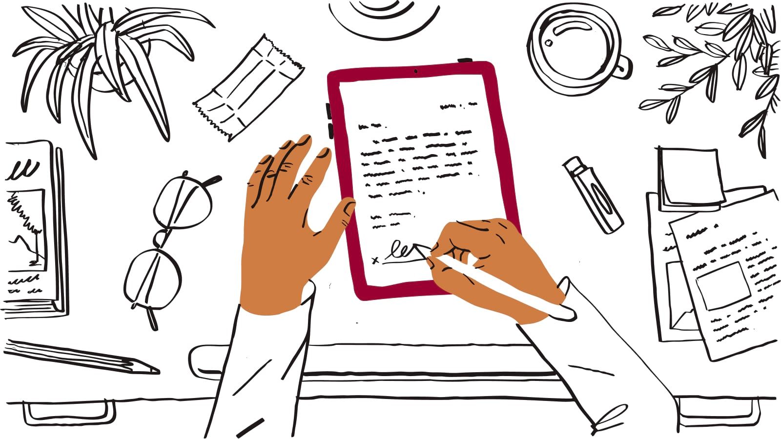 An illustration of a person signing a document on a tablet
