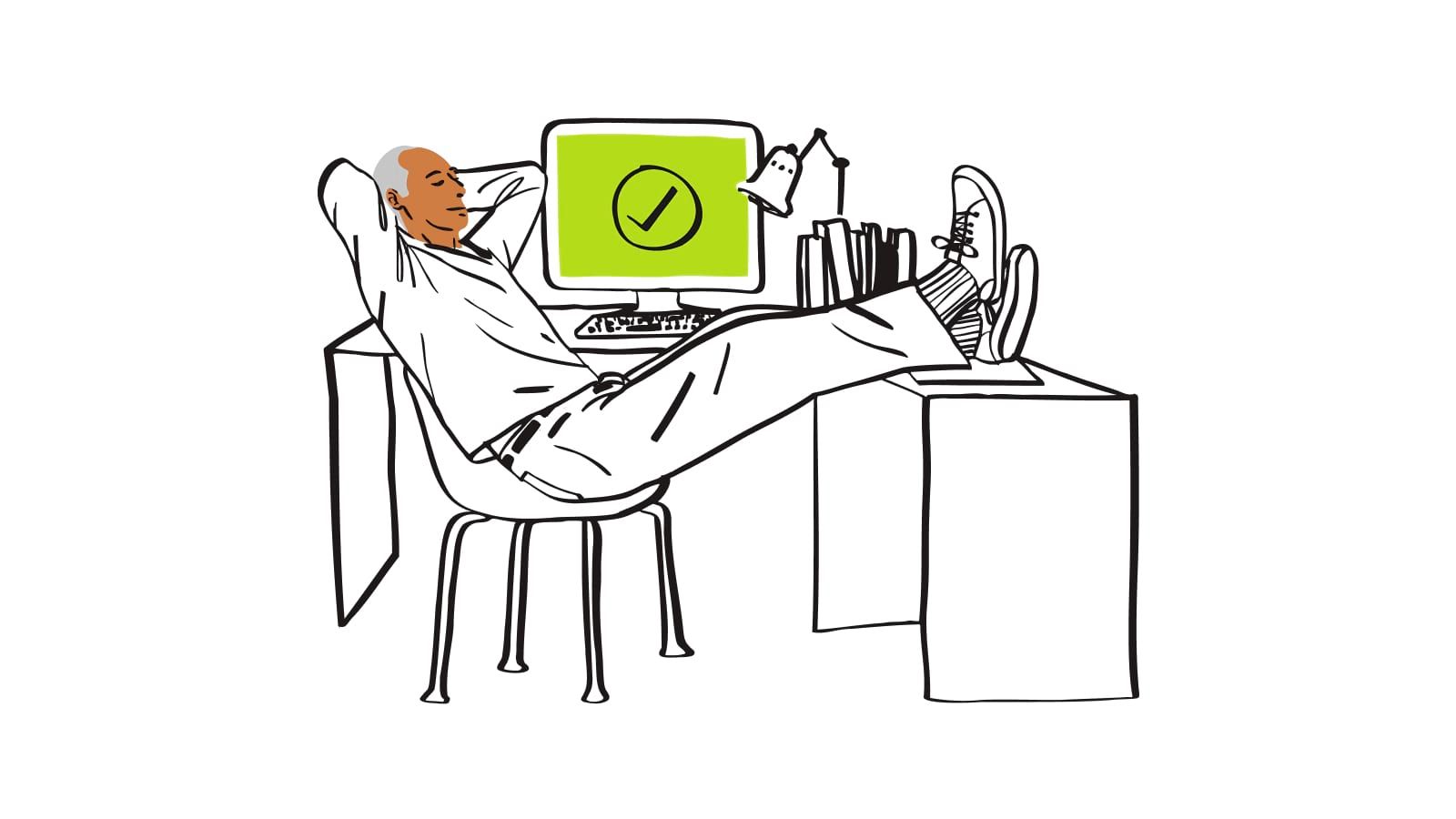 An illustration of a person relaxing in front of a computer monitor, with their feet up on the desk