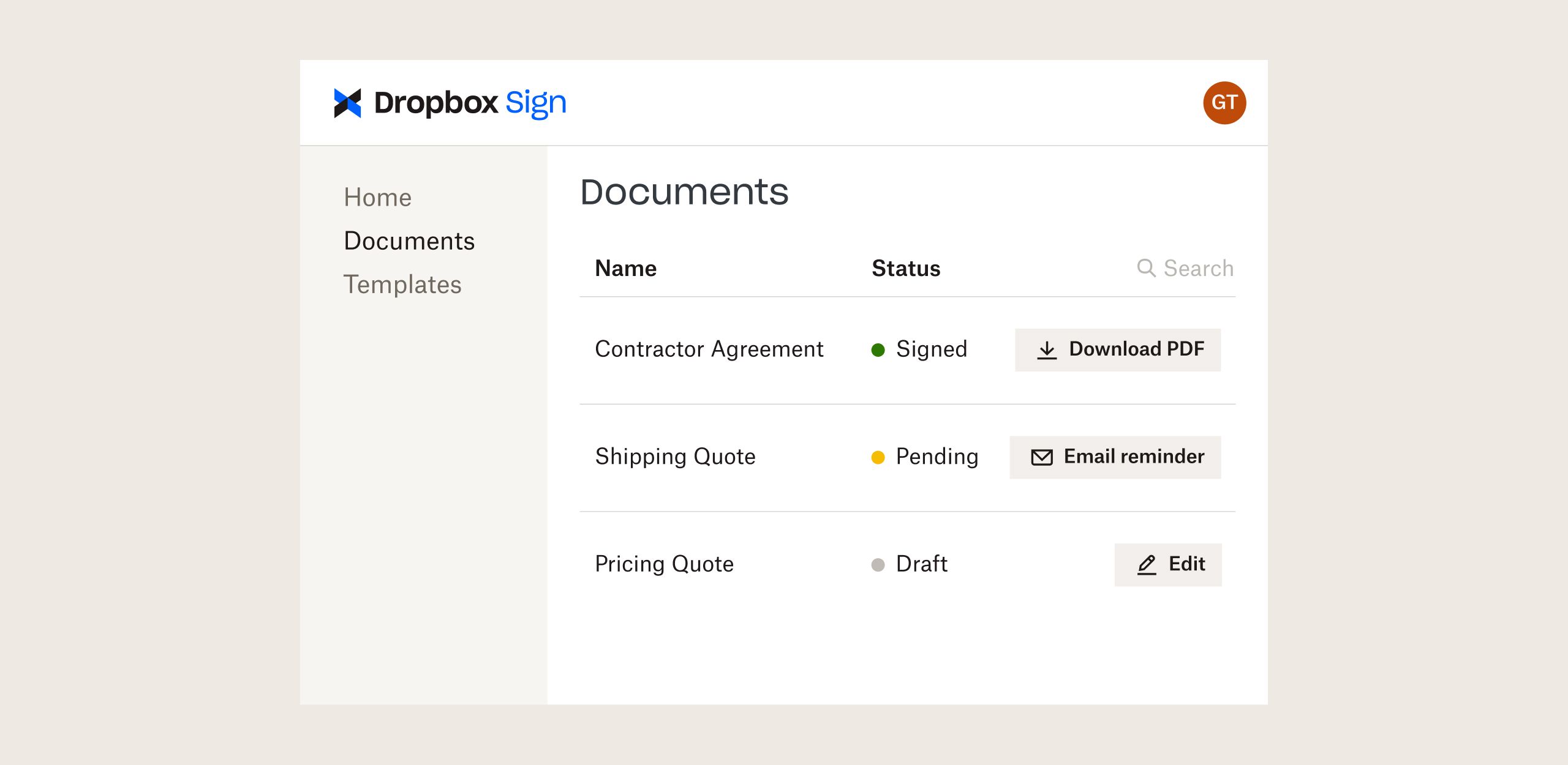 Dropbox Sign interface with options to download, email and edit files