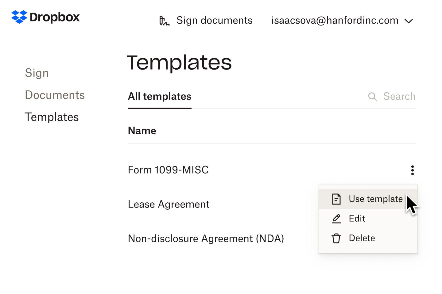 A user selecting “Share” in the “Use template” dropdown for a 1099-MISC form template