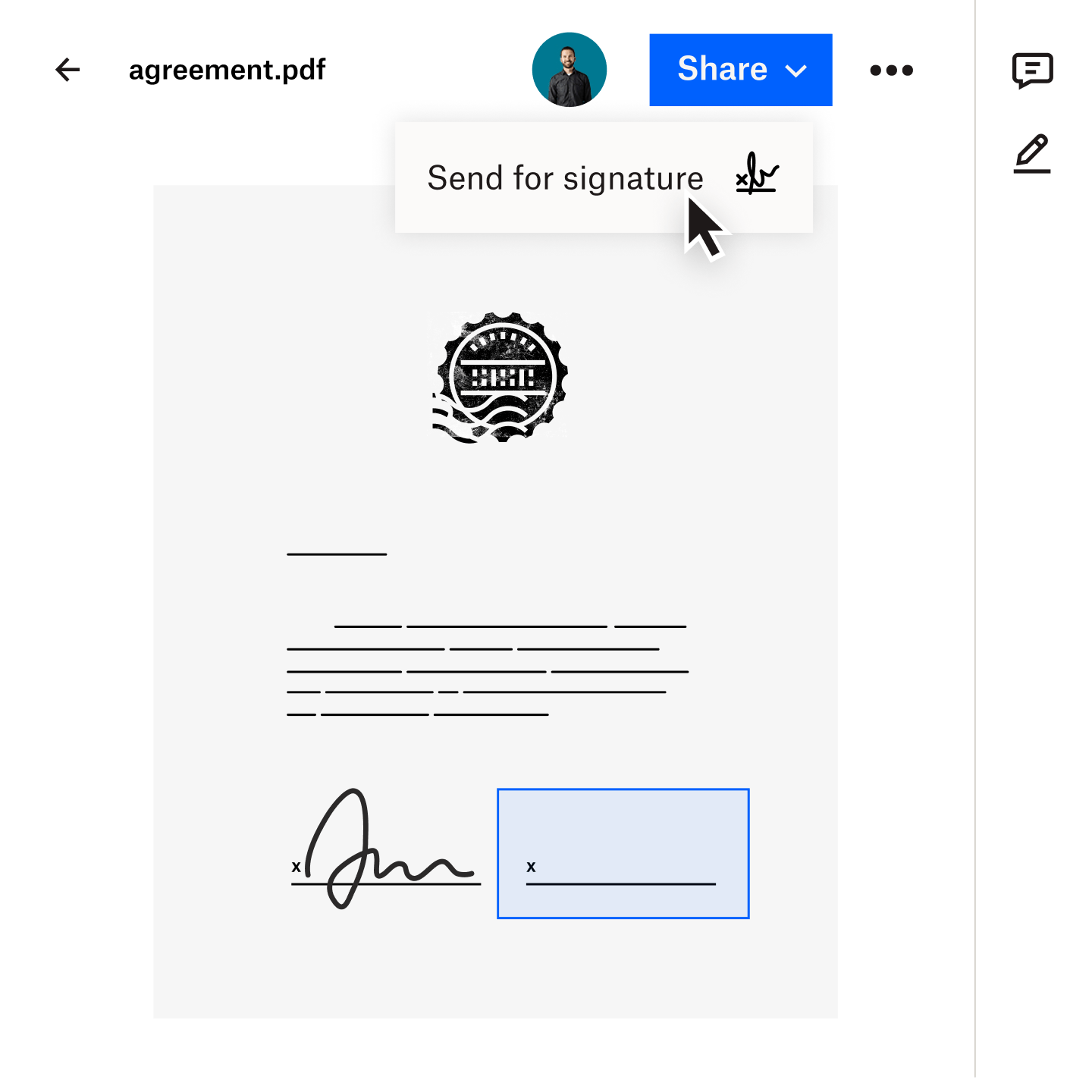 An agreement saved in Dropbox is easily sent for a legally binding eSignature