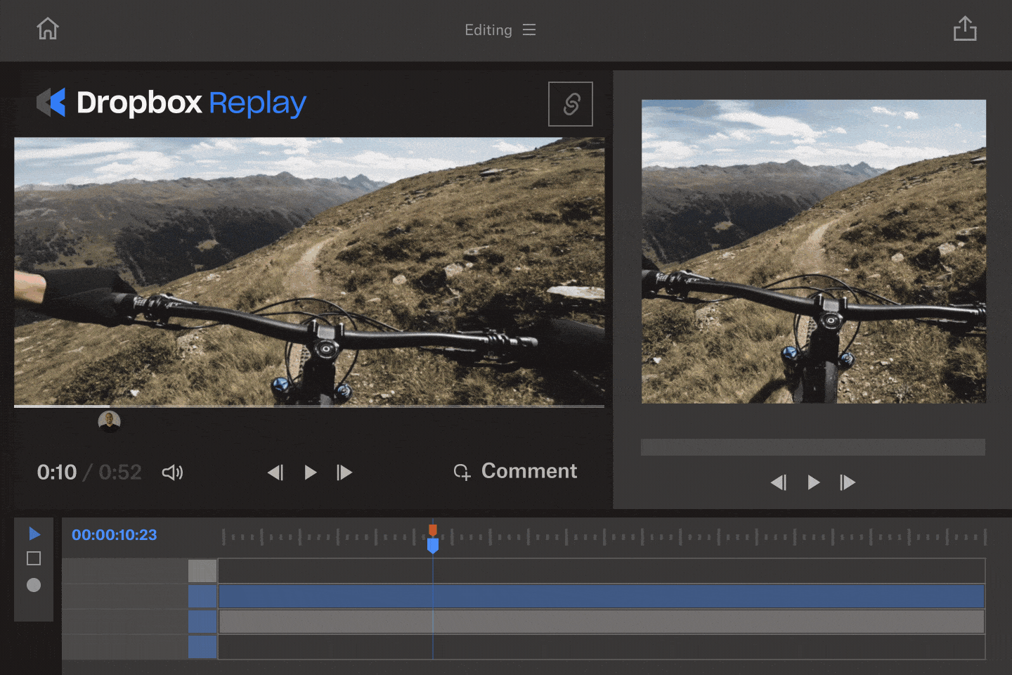 En GIF av en redigerer som svarer på en Dropbox Replay-kommentar fra redigeringsverktøyet og deretter eksporterer videoen til Replay.