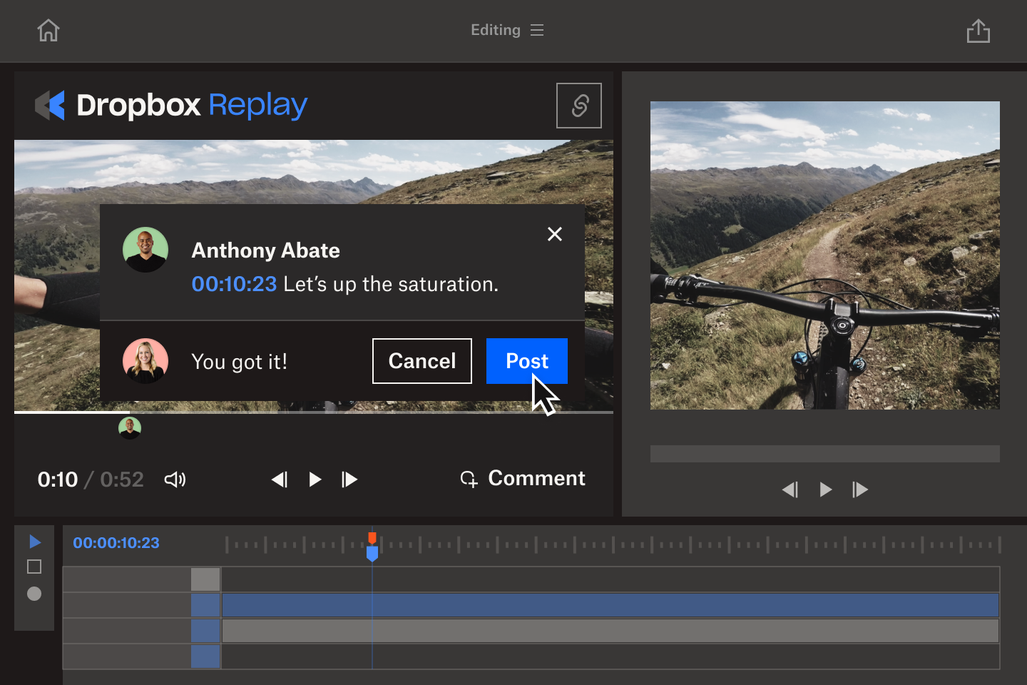 A screen capture of a creative professional providing feedback on a video in Dropbox Replay.