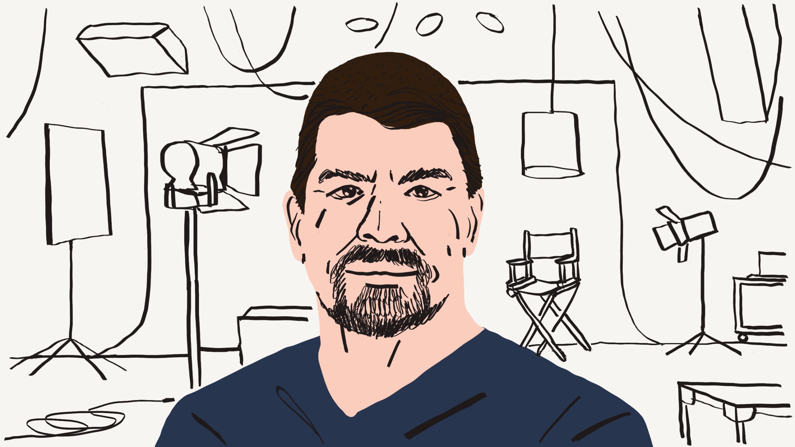 Illustration of a person wearing a blue shirt in front of a film light and directors chair