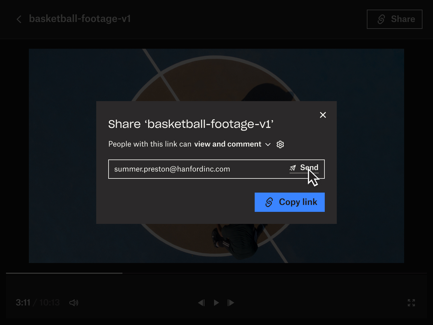 Product UI shows how you can share a file link with others to review footage with Replay.