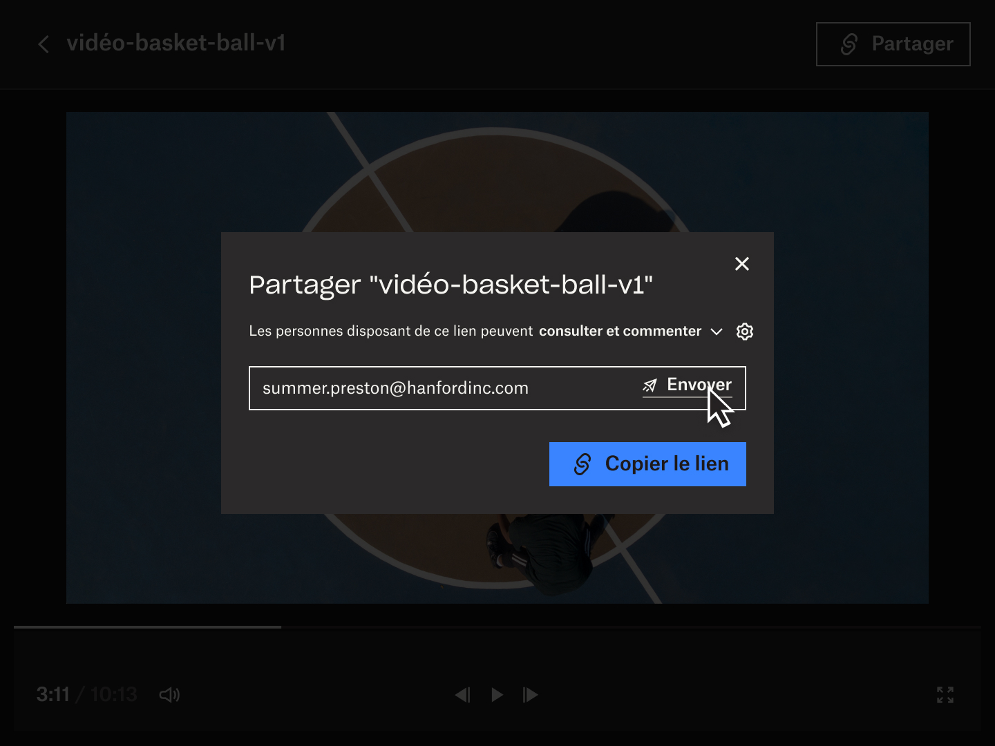 Interface utilisateur du produit montrant comment partager un lien vers un fichier pour visionner une vidéo avec Replay