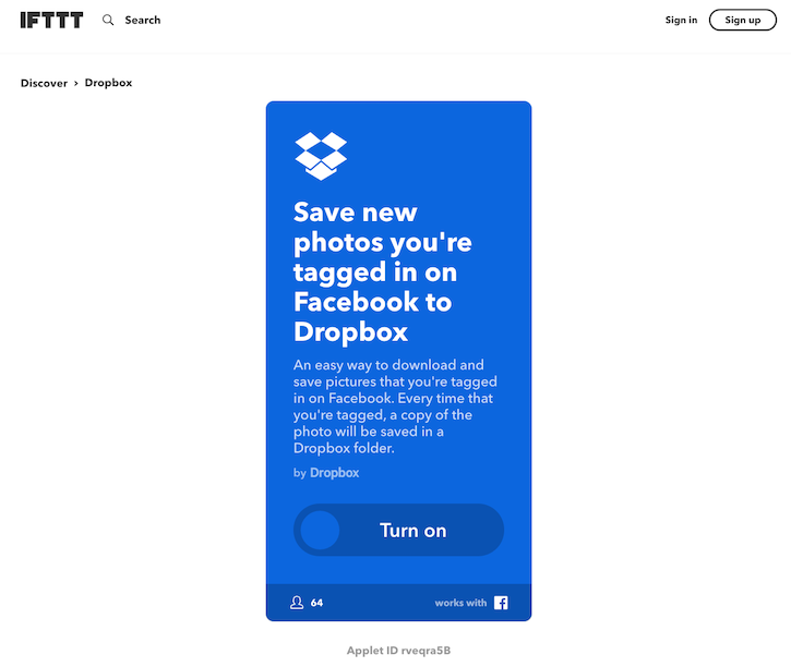 Tangkapan layar aplikasi IFTTT Dropbox