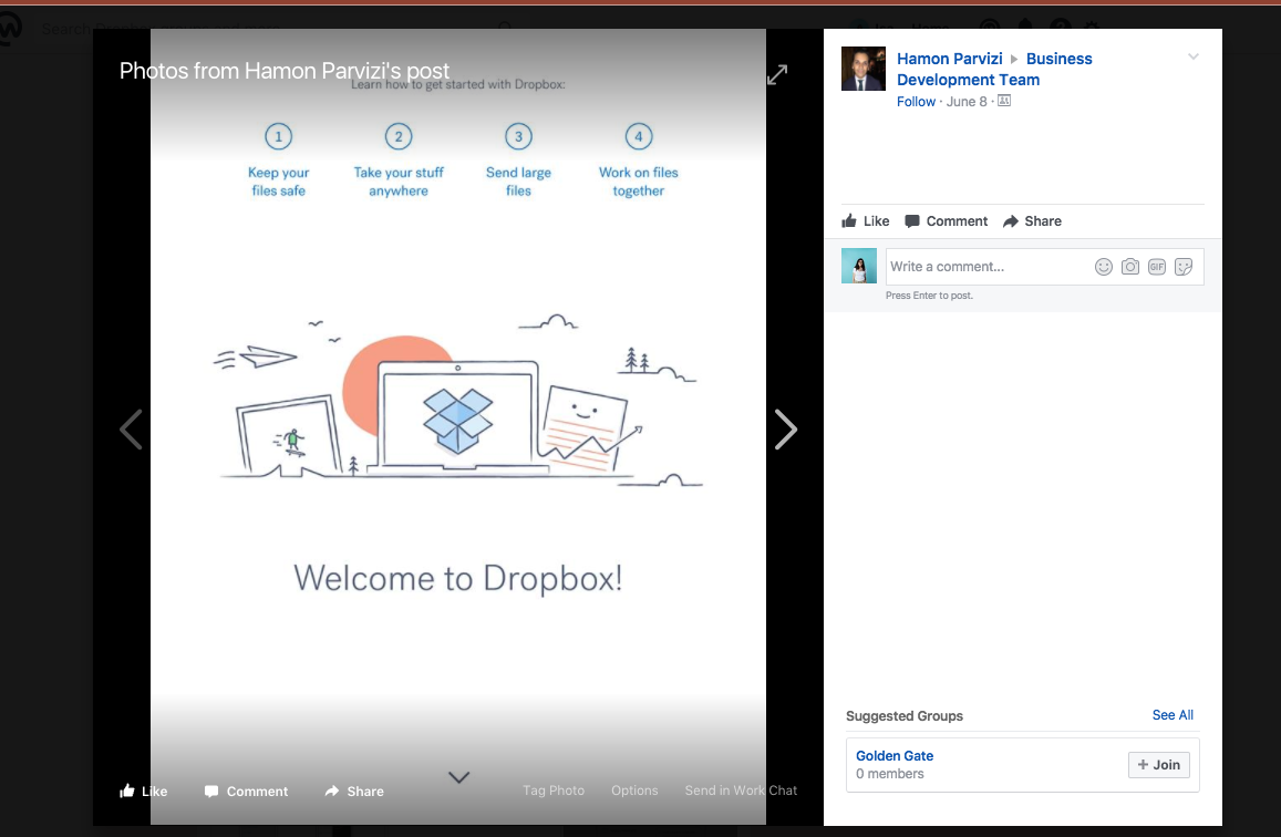Pré-visualização de links de fotos do Dropbox no Workplace