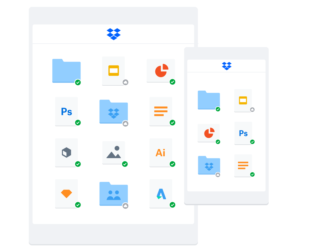 Ikon folder Dropbox di layar ponsel dan layar tablet untuk menunjukkan Dropbox di berbagai perangkat.