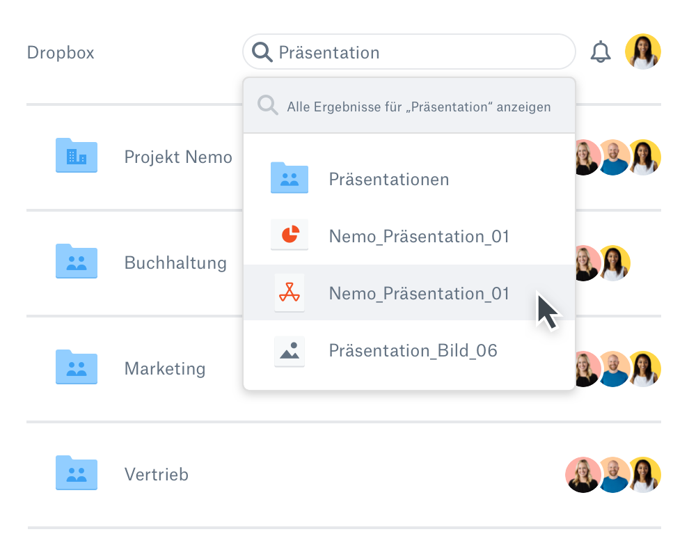 ​​Ein Nutzer sucht in Dropbox nach einer Datei.