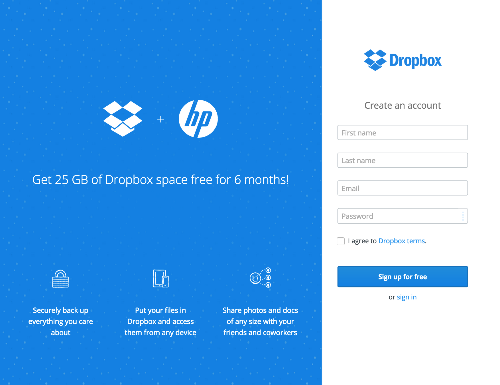 dropbox free account space