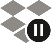 Um ícone cinza sólido do Dropbox com um círculo preto sólido com um sinal de pausa branco dentro dele