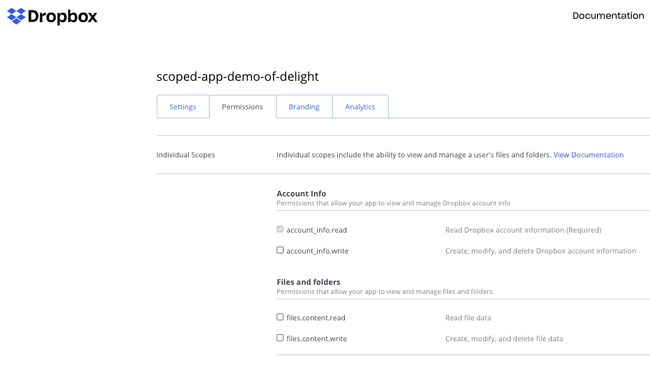 Screenshot of the Permissions tab in app settings for a Dropbox app